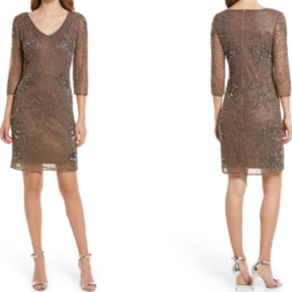 PISARRO NIGHTS Beaded V-neck Cocktail Dress